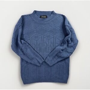 Mens‎ L Americana Sweater Blue Textured Knit Geometric Made in USA Vintage 90s